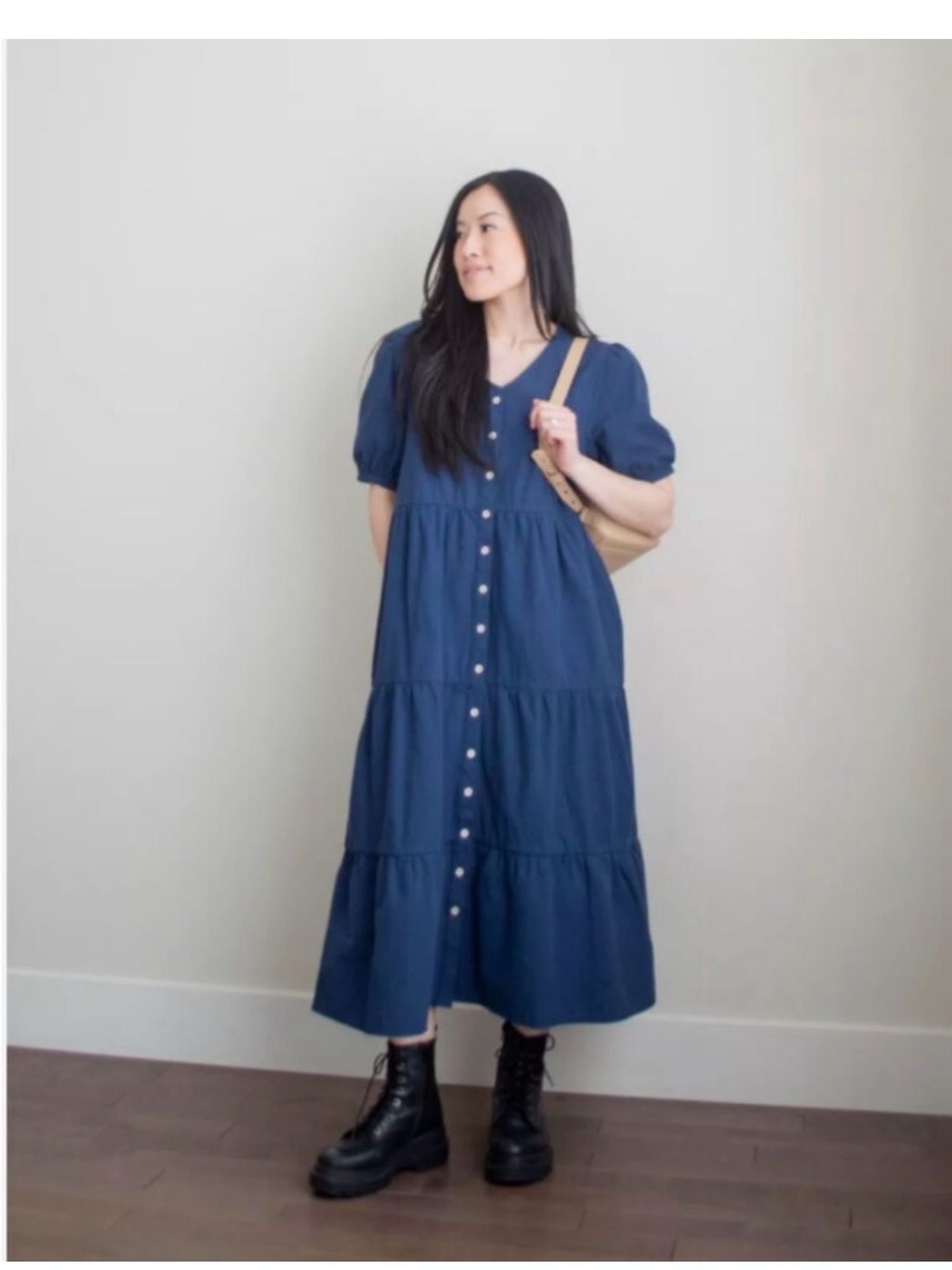 Tradlands Kindred Navy Blue Tiered Button Front Midi Dress Large Cotton